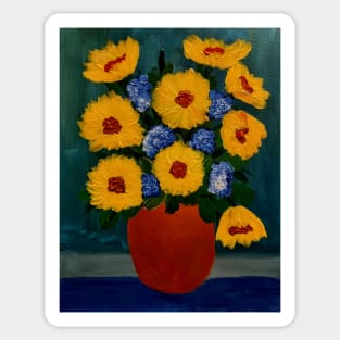 sunflowers and blue flowers mixed medium and metallic paints. Sticker